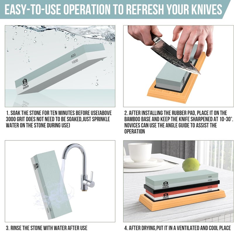 goodjob Complete Knife Sharpening Stone Kit - Premium Whetstone Knife Sharpener Stone - Dual Grit 400/1000 3000/8000 Wet Stone Sharpening Kit with Cut Resistant Gloves, Honing Guide, Bamboo Base - Image 4